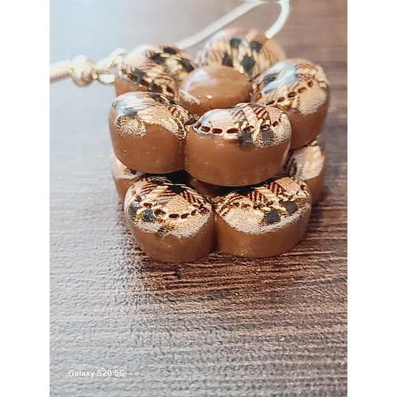 Brown Plaid Flower Drop Earrings Floral Dangle Silver Tone Fishhook Handcrafted - Picture 9 of 9